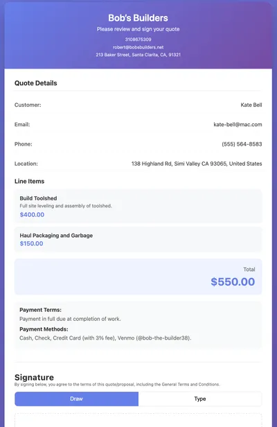 Customer quote review and signing page